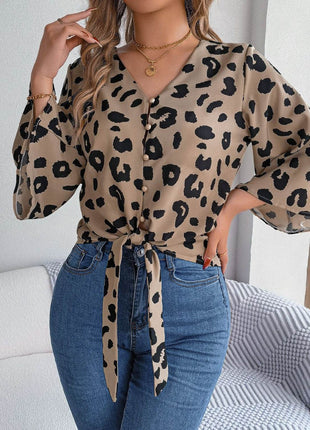 Tied Button Up Leopard V-Neck Blouse - MimiStylez