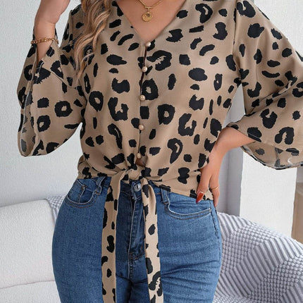 Tied Button Up Leopard V-Neck Blouse - MimiStylez
