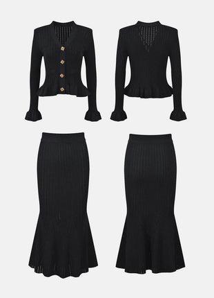 Ruffled V-Neck Top and Midi Skirt Sweater Set - MimiStylez