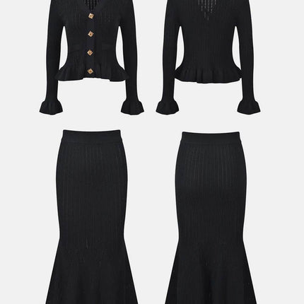 Ruffled V-Neck Top and Midi Skirt Sweater Set - MimiStylez