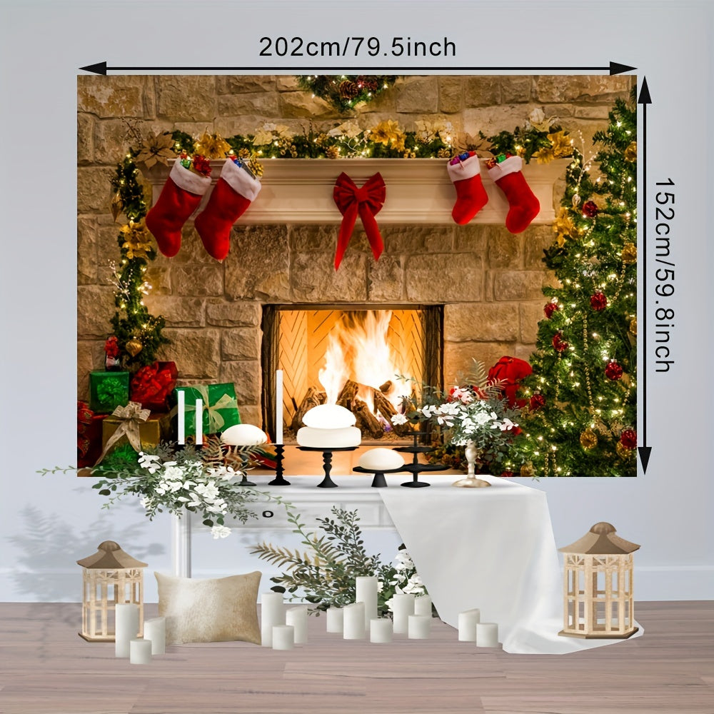 1pc Vinyl Christmas Photography Backdrop - Festive Fireplace Scene for Child Photography, Video Vlog Decorations, Photo Studio Props, Holiday Theme, Durable, Easy to Use, and Portable - Perfect for Capturing Memorable Moments