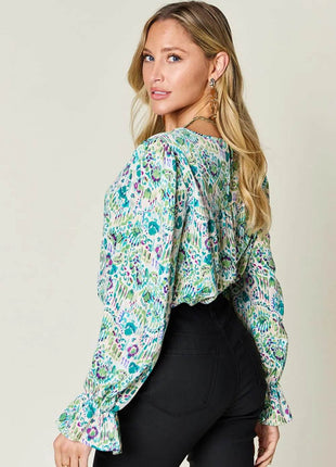 Double Take Full Size Printed Flounce Sleeve Blouse - MimiStylez