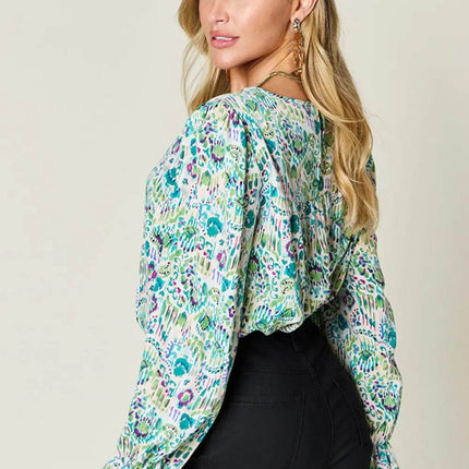 Double Take Full Size Printed Flounce Sleeve Blouse - MimiStylez