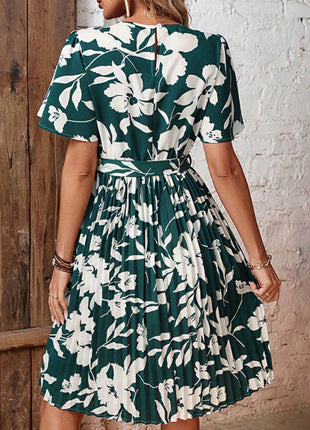 Floral Round Neck Tie Belt Pleated Dress - MimiStylez