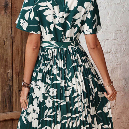 Floral Round Neck Tie Belt Pleated Dress - MimiStylez