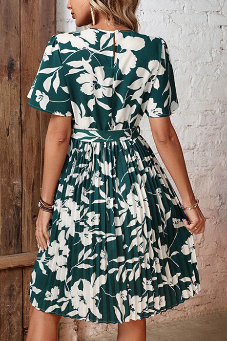 Floral Round Neck Tie Belt Pleated Dress - MimiStylez