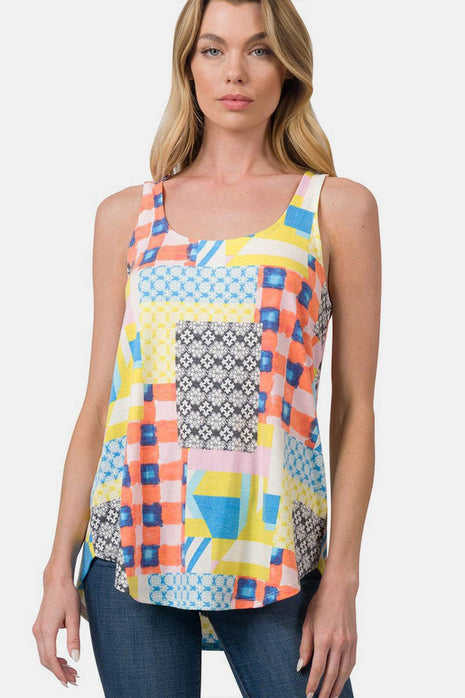 Zenana Printed Round Neck Curved Hem Tank - MimiStylez