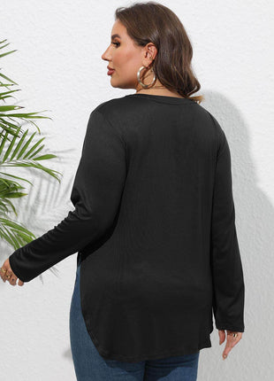 Plus Size Round Neck Long Sleeve Slit T-Shirt - MimiStylez