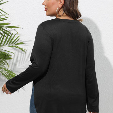 Plus Size Round Neck Long Sleeve Slit T-Shirt - MimiStylez