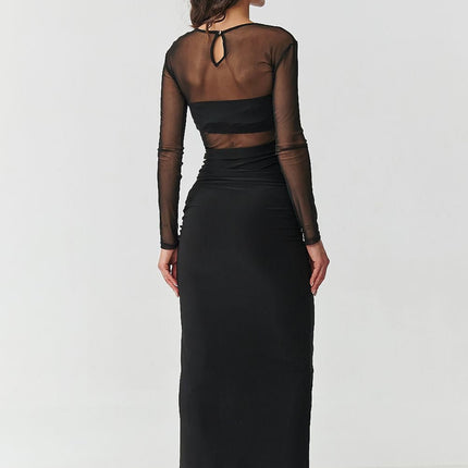 Fitted Black Mesh Maxi Dress with Waist Ruching & Side Slit - MimiStylez