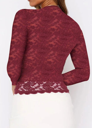 Floral Lace Long Sleeve Deep V - Neck Blouse with Scalloped Hem - MimiStylez