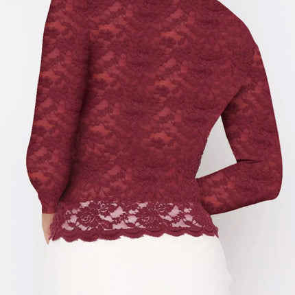 Floral Lace Long Sleeve Deep V - Neck Blouse with Scalloped Hem - MimiStylez