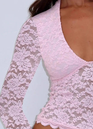 Floral Lace Long Sleeve Deep V - Neck Blouse with Scalloped Hem - MimiStylez