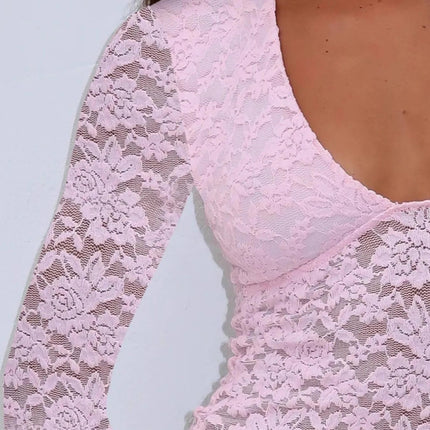 Floral Lace Long Sleeve Deep V - Neck Blouse with Scalloped Hem - MimiStylez