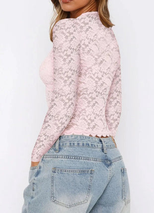 Floral Lace Long Sleeve Deep V - Neck Blouse with Scalloped Hem - MimiStylez