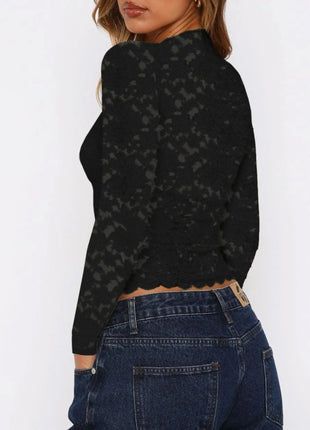 Floral Lace Long Sleeve Deep V - Neck Blouse with Scalloped Hem - MimiStylez