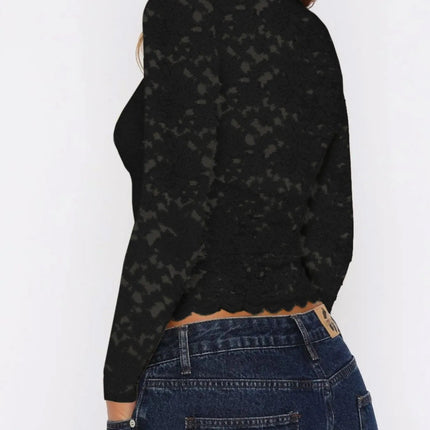 Floral Lace Long Sleeve Deep V - Neck Blouse with Scalloped Hem - MimiStylez