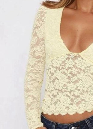 Floral Lace Long Sleeve Deep V - Neck Blouse with Scalloped Hem - MimiStylez
