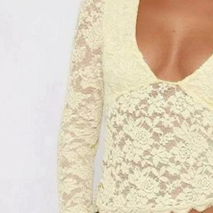 Floral Lace Long Sleeve Deep V - Neck Blouse with Scalloped Hem - MimiStylez