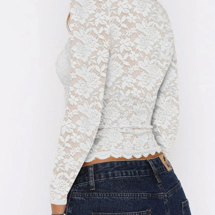 Floral Lace Long Sleeve Deep V - Neck Blouse with Scalloped Hem - MimiStylez