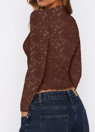 Floral Lace Long Sleeve Deep V - Neck Blouse with Scalloped Hem - MimiStylez