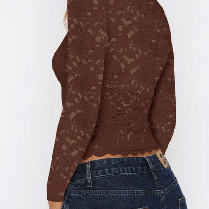 Floral Lace Long Sleeve Deep V - Neck Blouse with Scalloped Hem - MimiStylez