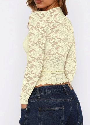 Floral Lace Long Sleeve Deep V - Neck Blouse with Scalloped Hem - MimiStylez