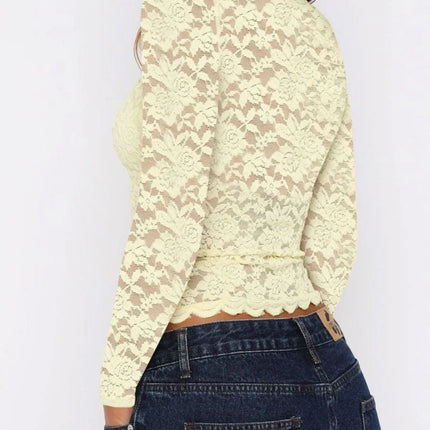 Floral Lace Long Sleeve Deep V - Neck Blouse with Scalloped Hem - MimiStylez