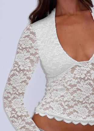 Floral Lace Long Sleeve Deep V - Neck Blouse with Scalloped Hem - MimiStylez