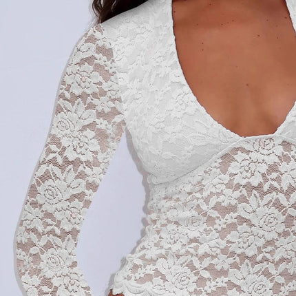 Floral Lace Long Sleeve Deep V - Neck Blouse with Scalloped Hem - MimiStylez