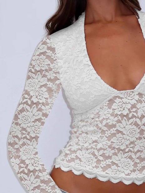 Floral Lace Long Sleeve Deep V - Neck Blouse with Scalloped Hem - MimiStylez