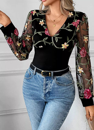Floral Mesh Sleeve V - Neck Top - MimiStylez