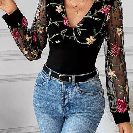 Floral Mesh Sleeve V - Neck Top - MimiStylez