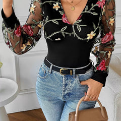 Floral Mesh Sleeve V - Neck Top - MimiStylez