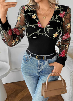 Floral Mesh Sleeve V - Neck Top - MimiStylez