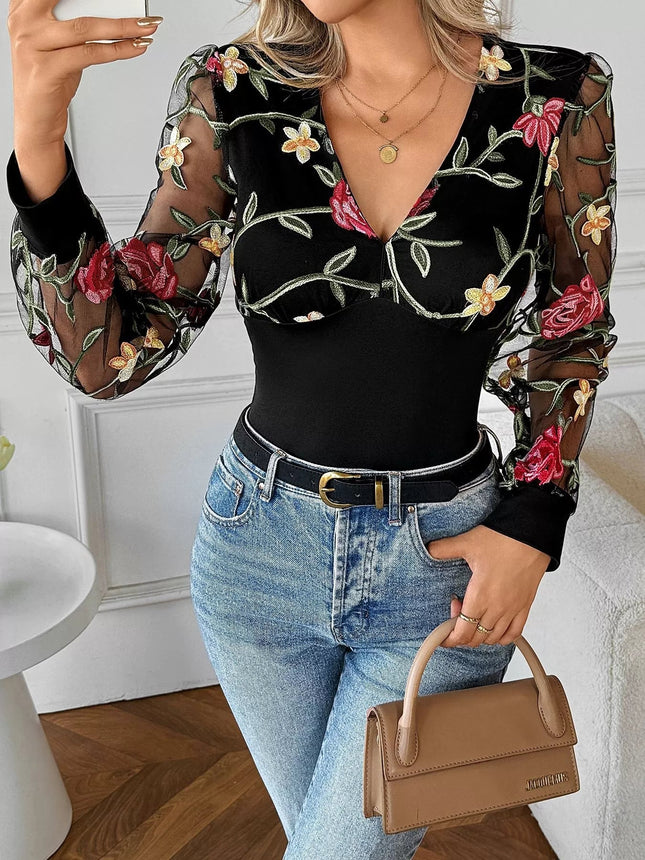 Floral Mesh Sleeve V - Neck Top - MimiStylez