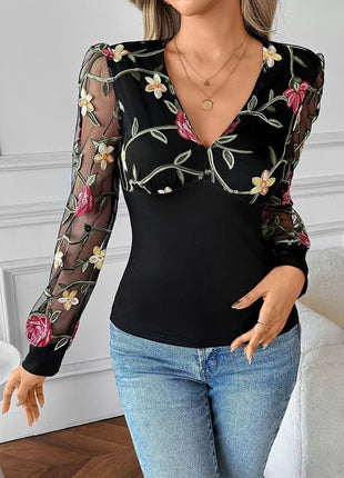 Floral Mesh Sleeve V - Neck Top - MimiStylez