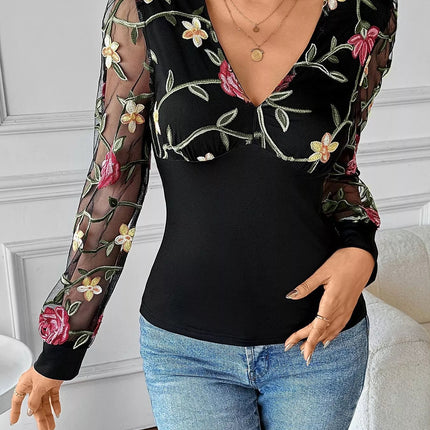 Floral Mesh Sleeve V - Neck Top - MimiStylez