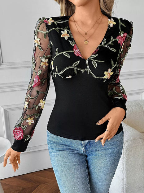 Floral Mesh Sleeve V - Neck Top - MimiStylez