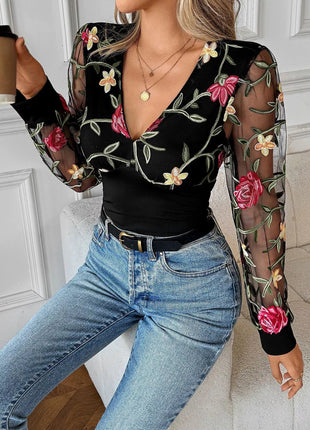 Floral Mesh Sleeve V - Neck Top - MimiStylez