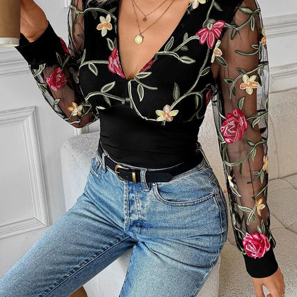 Floral Mesh Sleeve V - Neck Top - MimiStylez