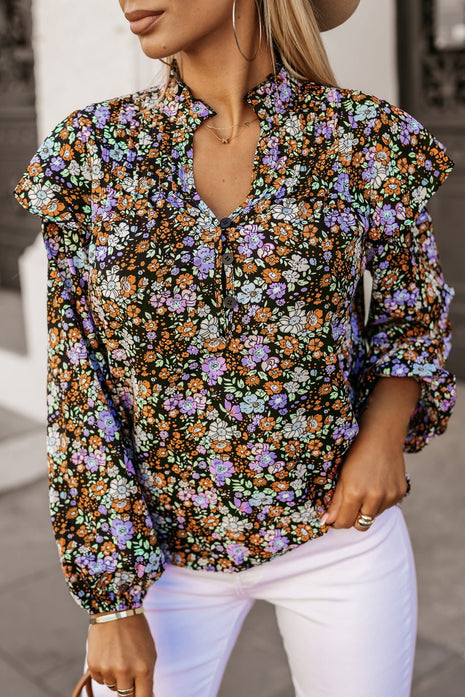 Floral Notched Neck Blouse - MimiStylez