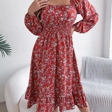 Floral Print Long Sleeve Square Neck Midi Dress - MimiStylez