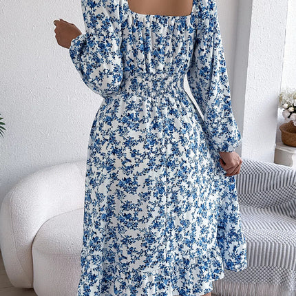 Floral Print Long Sleeve Square Neck Midi Dress - MimiStylez