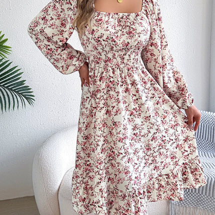Floral Print Long Sleeve Square Neck Midi Dress - MimiStylez