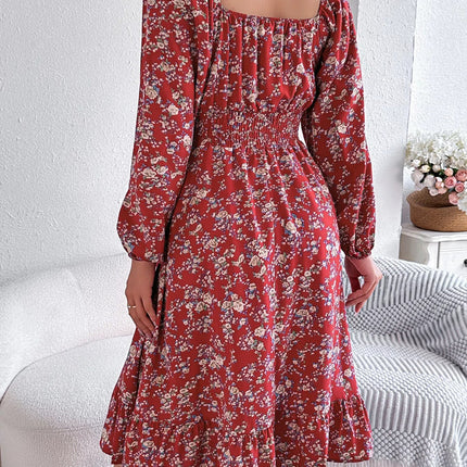Floral Print Long Sleeve Square Neck Midi Dress - MimiStylez