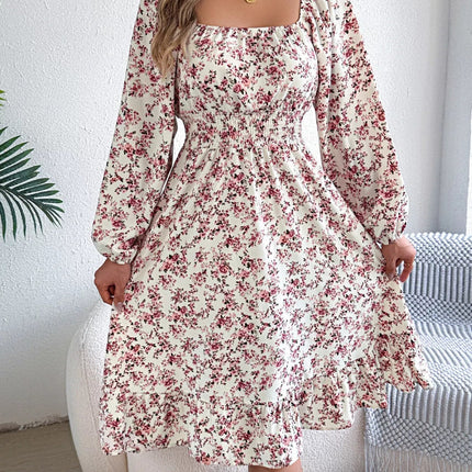 Floral Print Long Sleeve Square Neck Midi Dress - MimiStylez