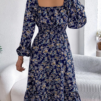 Floral Print Long Sleeve Square Neck Midi Dress - MimiStylez