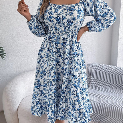 Floral Print Long Sleeve Square Neck Midi Dress - MimiStylez