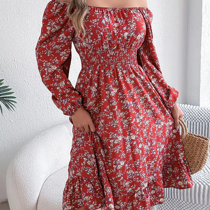Floral Print Long Sleeve Square Neck Midi Dress - MimiStylez